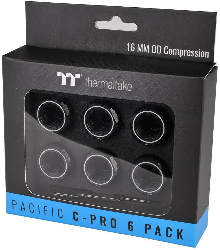 Zestaw 'Pacific C-Pro 6 Pack' firmy Thermaltake, złącza kompresyjne o średnicy zewnętrznej 16 mm w czarnym opakowaniu z sześcioma srebrnymi złączami.