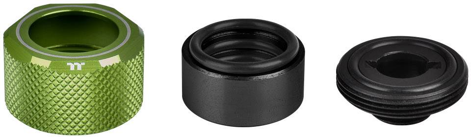 Trzy różne metalowe zamknięcia: z lewej zielone z rowkami, pośrodku czarne cylindryczne, z prawej czarne z żłobionym brzegiem.