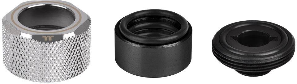 'Trzy różne adaptery do systemów chłodzenia wodnego: srebrny adapter metalowy z żeberkowaniem, czarny metalowy cylinder, czarny adapter z rowkami.'