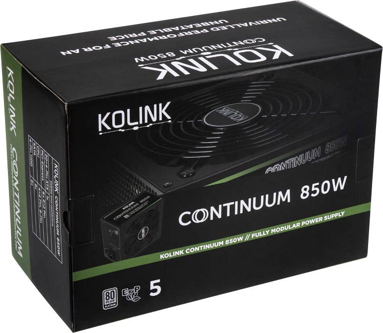 Kartonowe opakowanie z napisem 'Kolink Continuum 850W'. Prezentuje zdjęcie zasilacza, w pełni modularnego, z certyfikatem 80 Plus Platinum.