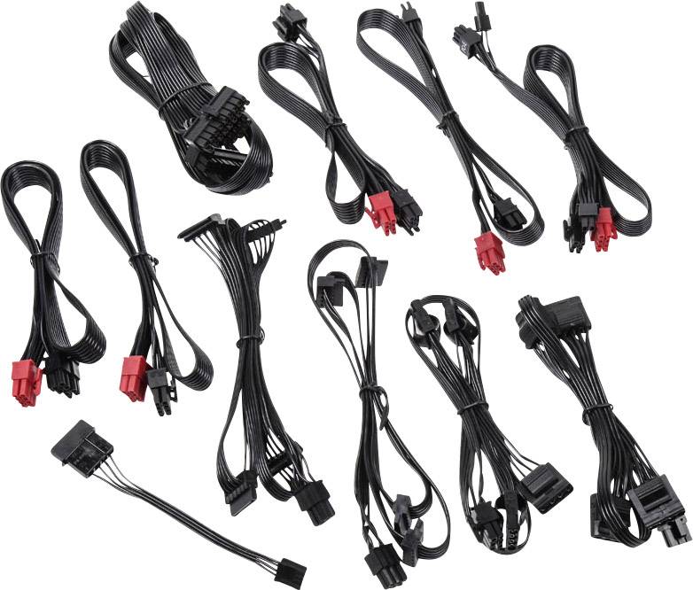 Czarne przewody komputerowe zasilające z wtyczkami czerwonymi i czarnymi w różnych konfiguracjach.