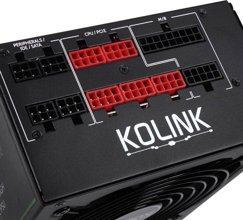 Widok zasilacza z różnymi portami przyłączeniowymi dla 'Urządzeń peryferyjnych/IDE/SATA' oraz 'CPU/PCIE'; widoczna marka 'KOLINK'.