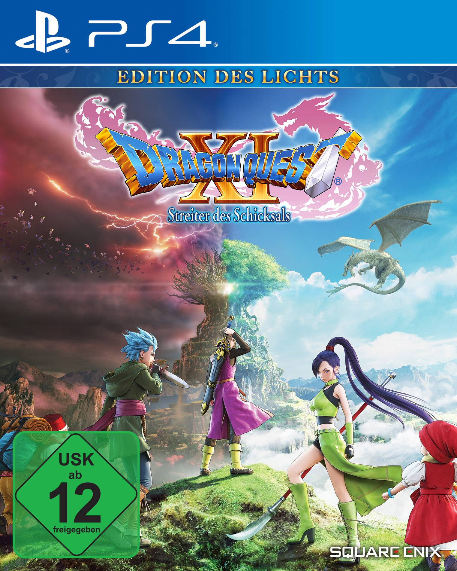 Gra na PS4 'Dragon Quest XI: Pogromcy Przeznaczenia', Edycja Światła. Kolorowa okładka fantasy z postaciami w pozach bohaterów. Od lat 12 według USK.