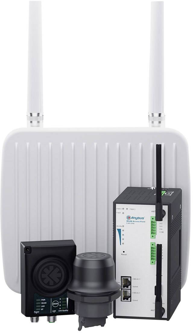 Router z dwiema antenami i wieloma urządzeniami sterującymi prezentuje produkty dla komunikacji przemysłowej i automatyzacji.