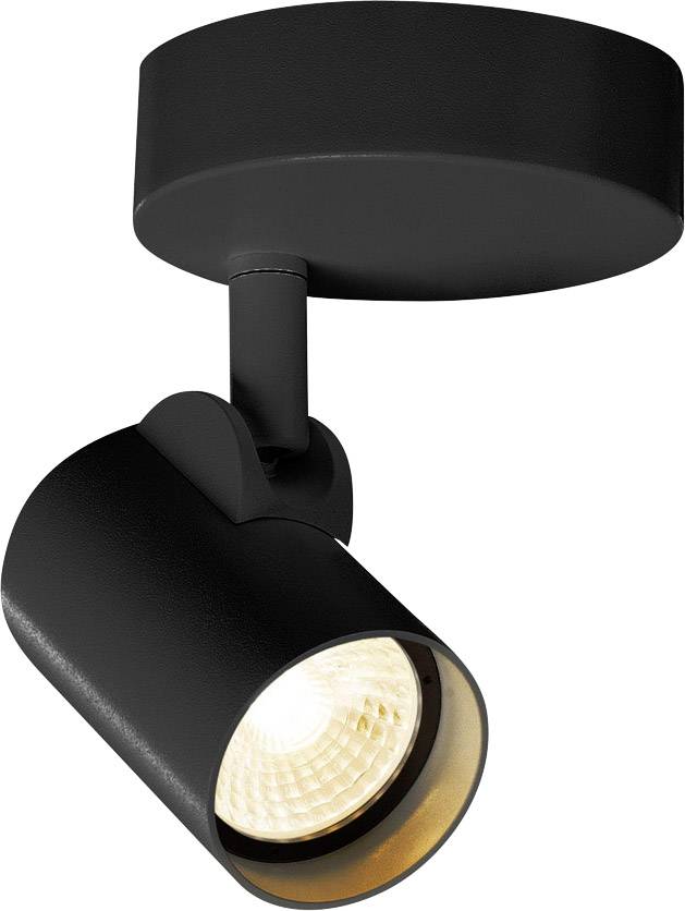 Czarny, okrągły plafon z regulowanym cylindrycznym kloszem, emitujący ciepłe światło, na białym tle.