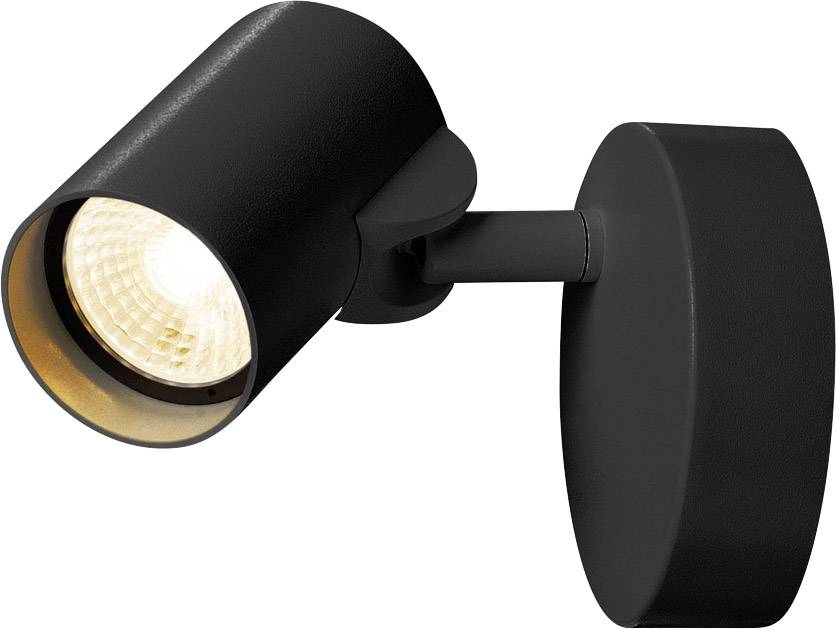 Czarna lampa ścienna z okrągłą, obrotową głowicą i zintegrowanym oświetleniem LED, zamontowana na prostokątnej podstawie.