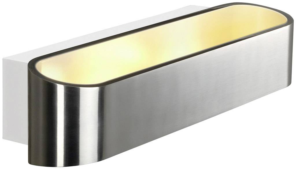 Nowoczesny kinkiet z szczotkowanego metalu z ciepłym żółtym światłem, o prostokątnym kształcie, przeznaczony do oświetlenia bezpośredniego lub pośredniego.