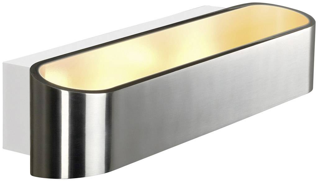 Nowoczesna lampa ścienna z szczotkowaną metalową ramą i ciepłym blaskiem, oferująca eleganckie i minimalistyczne oświetlenie.