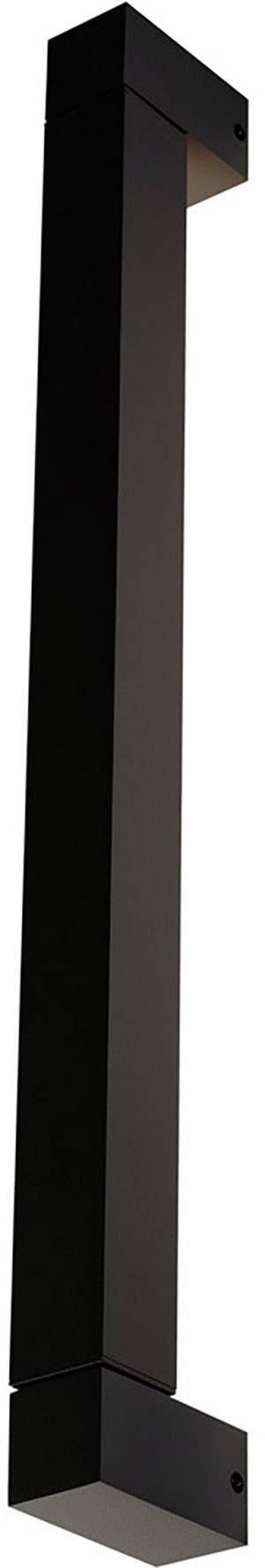 Czarna, prostokątna lampa ścienna o nowoczesnym designie, ustawiona pionowo. Wąskie szczeliny świetlne znajdują się u góry i u dołu.