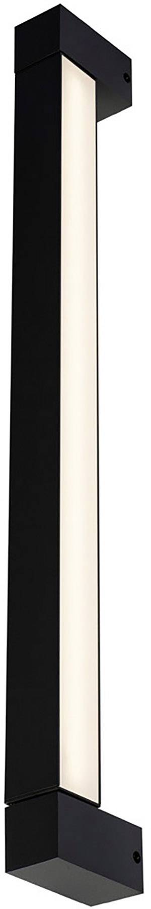 Czarna, prostokątna lampa ścienna z wąskim, pionowym paskiem świetlnym pośrodku. Nowoczesny design do stosowania wewnątrz lub na zewnątrz pomieszczeń.