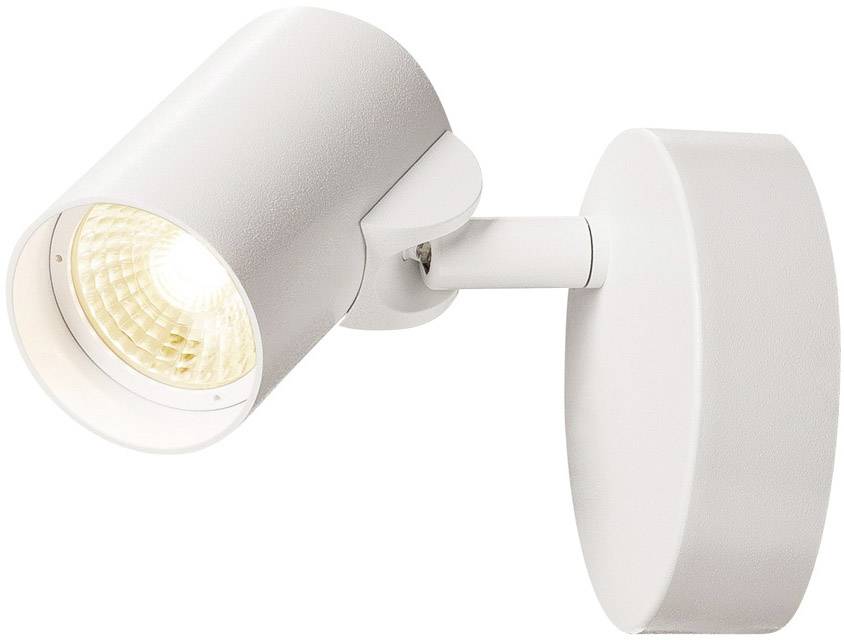 Biała lampa ścienna z regulowanym reflektorem skierowanym w dół. Nowoczesny, minimalistyczny design.