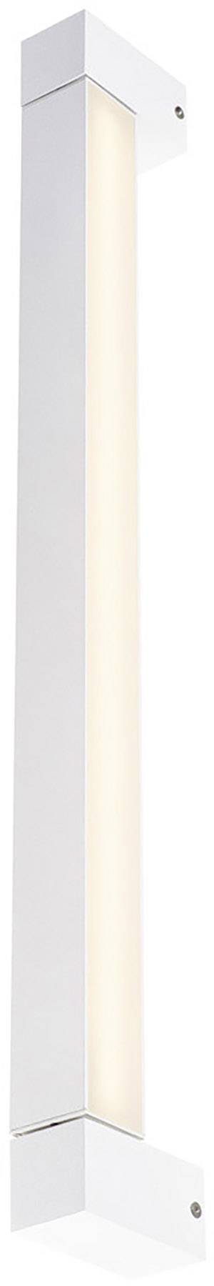 Biała, podłużna lampa ścienna z metalową ramą i rozpraszającą osłoną światła.