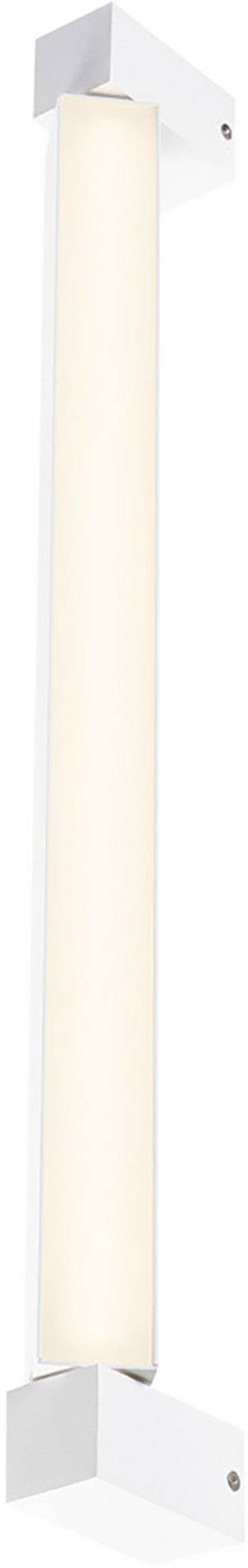 Biała kinkiet LED o prostokątnym kształcie, montowany pionowo. Zapewnia równomierne, ciepłe światło, idealny do nowoczesnych wnętrz.
