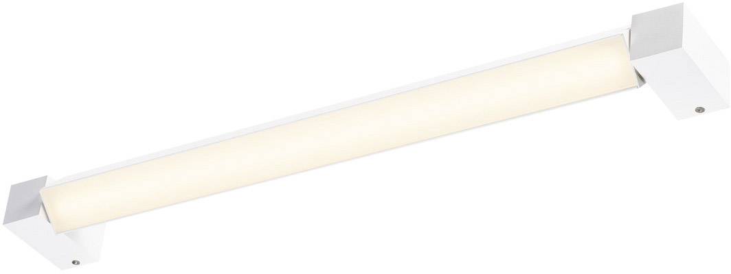 Biała lampa ścienna z prostokątnym, podłużnym kloszem. Emituje ciepłe, białe światło i wyróżnia się minimalistycznym designem.