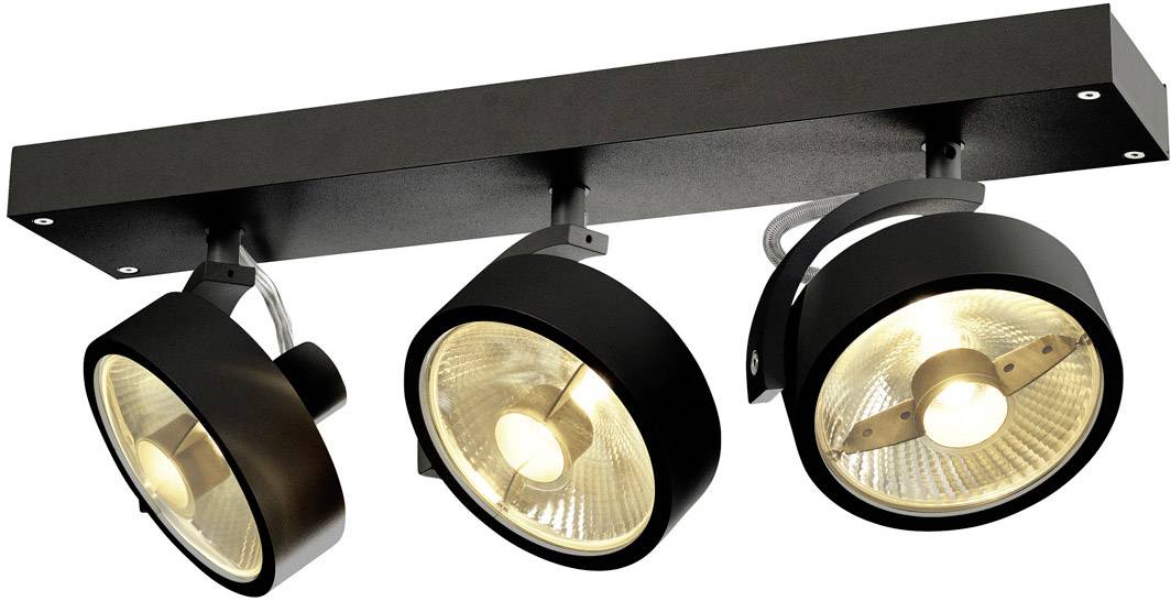 Potrójna lampa sufitowa w nowoczesnym, czarnym designie z okrągłymi, obrotowymi reflektorami.