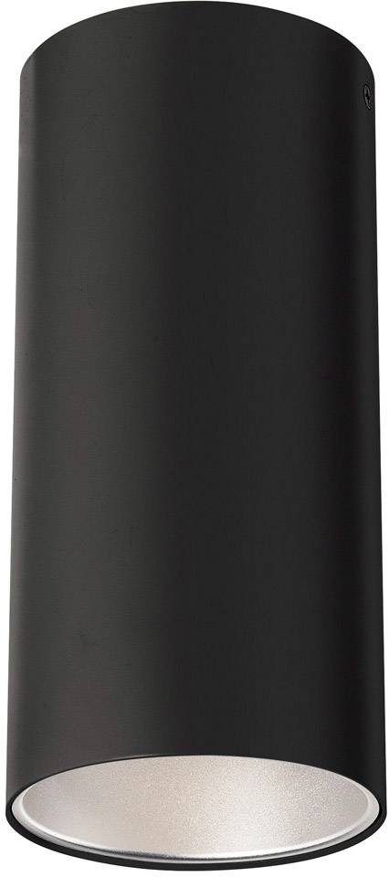 Czarna, cylindryczna lampa sufitowa skierowana w dół. Idealna do nowoczesnych wnętrz.