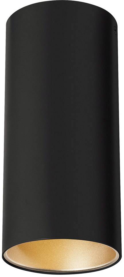 Czarna cylindryczna lampa sufitowa z otwartym spodem, przez który prześwieca ciepłe światło. Idealna do nowoczesnych wnętrz.