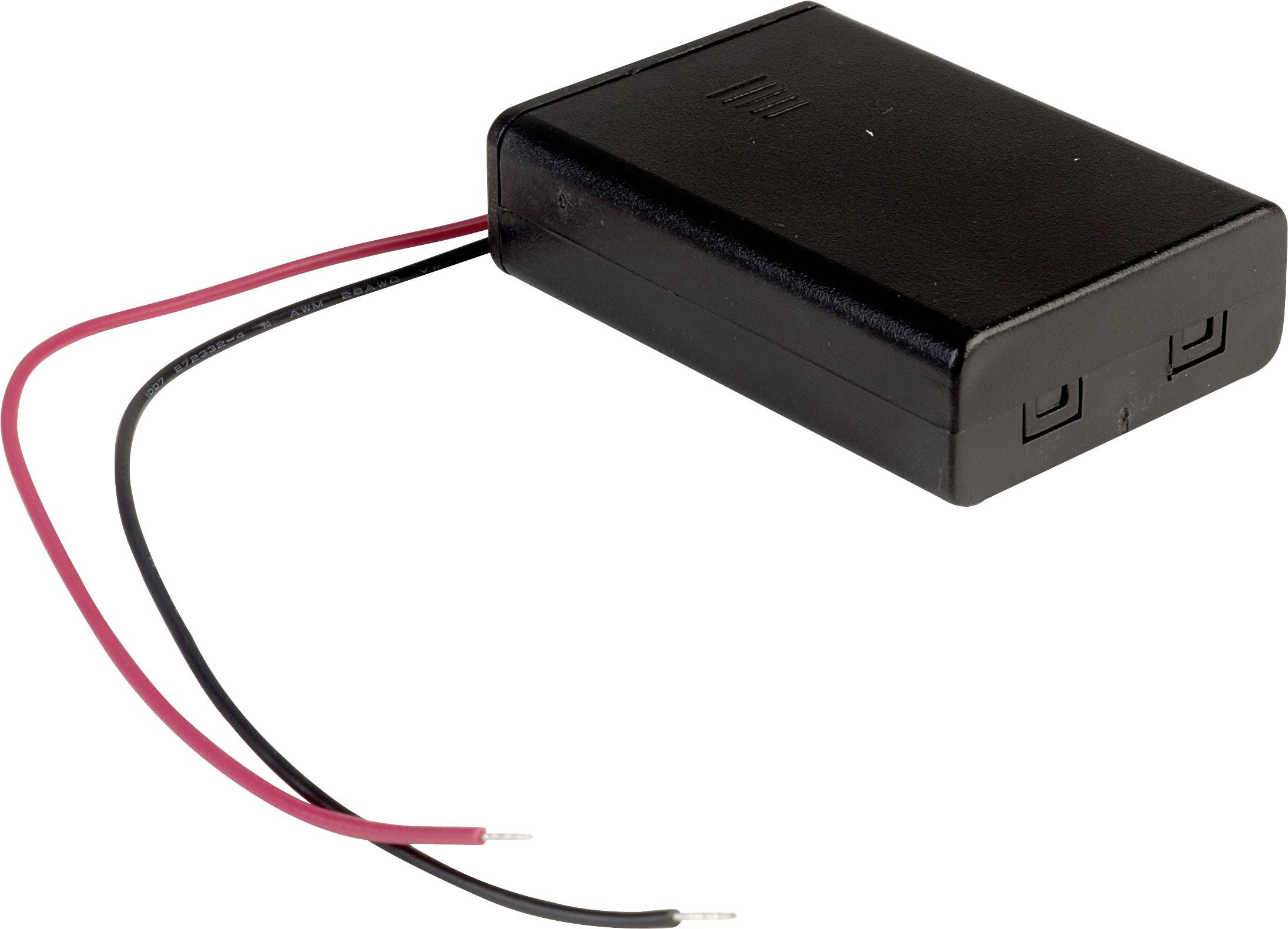 Obraz przedstawia czarne obudowa baterii z dwoma wystającymi przewodami, czerwonym i czarnym, do podłączenia.