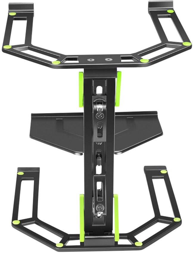 Czarny i zielony stojak na kierownicę z metalu z regulowanymi elementami, przeznaczony do mocowania kierownic do symulatorów wyścigowych.