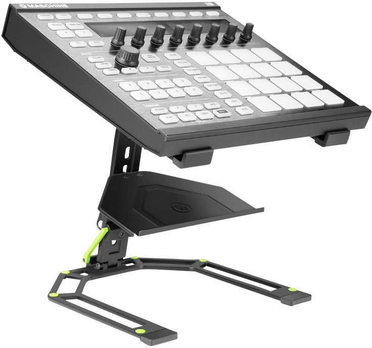 Nowoczesne urządzenie do produkcji muzycznej z licznymi przyciskami i pokrętłami zamontowane na regulowanym statywie.