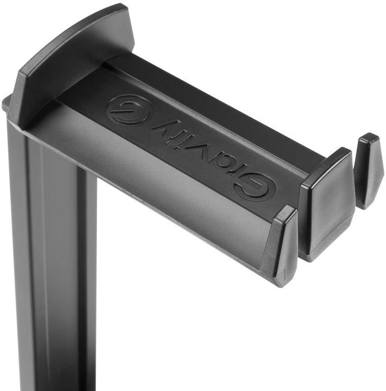 Czarny, regulowany uchwyt na słuchawki wykonany z metalu i tworzywa sztucznego, montowany poziomo, przeznaczony do bezpiecznego mocowania.