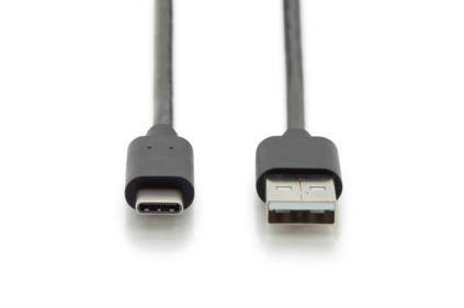 Kabel USB z wtyczką USB-C po lewej stronie i standardową wtyczką USB-A po prawej stronie.