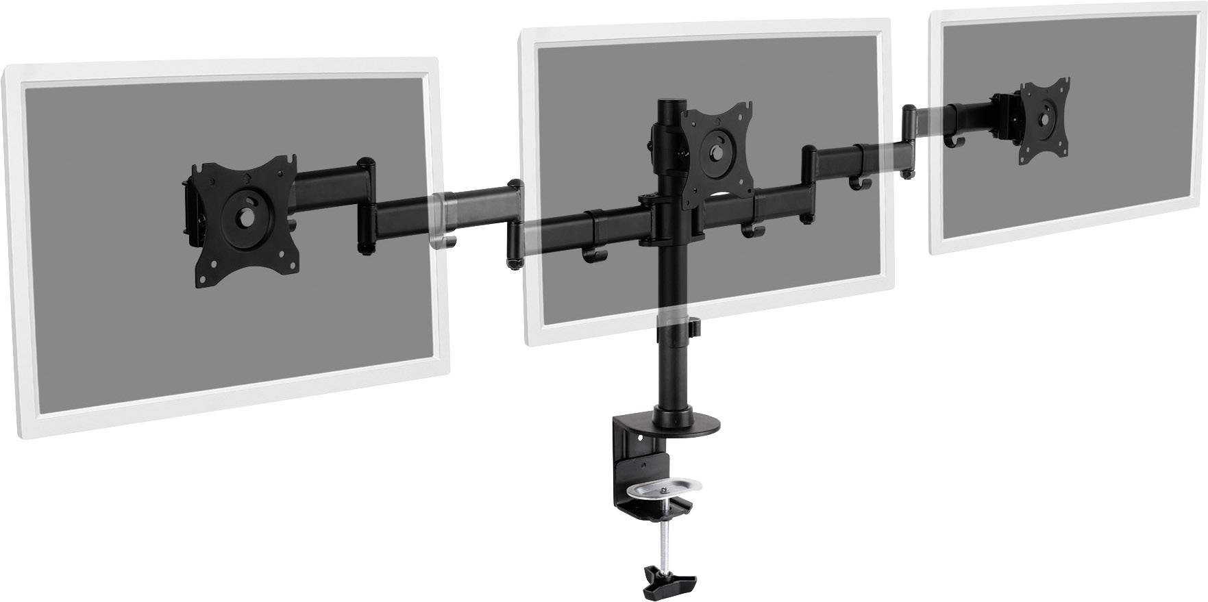 Potrójna podstawa monitora do mocowania na biurku, przeznaczona dla trzech ekranów w układzie poziomym.