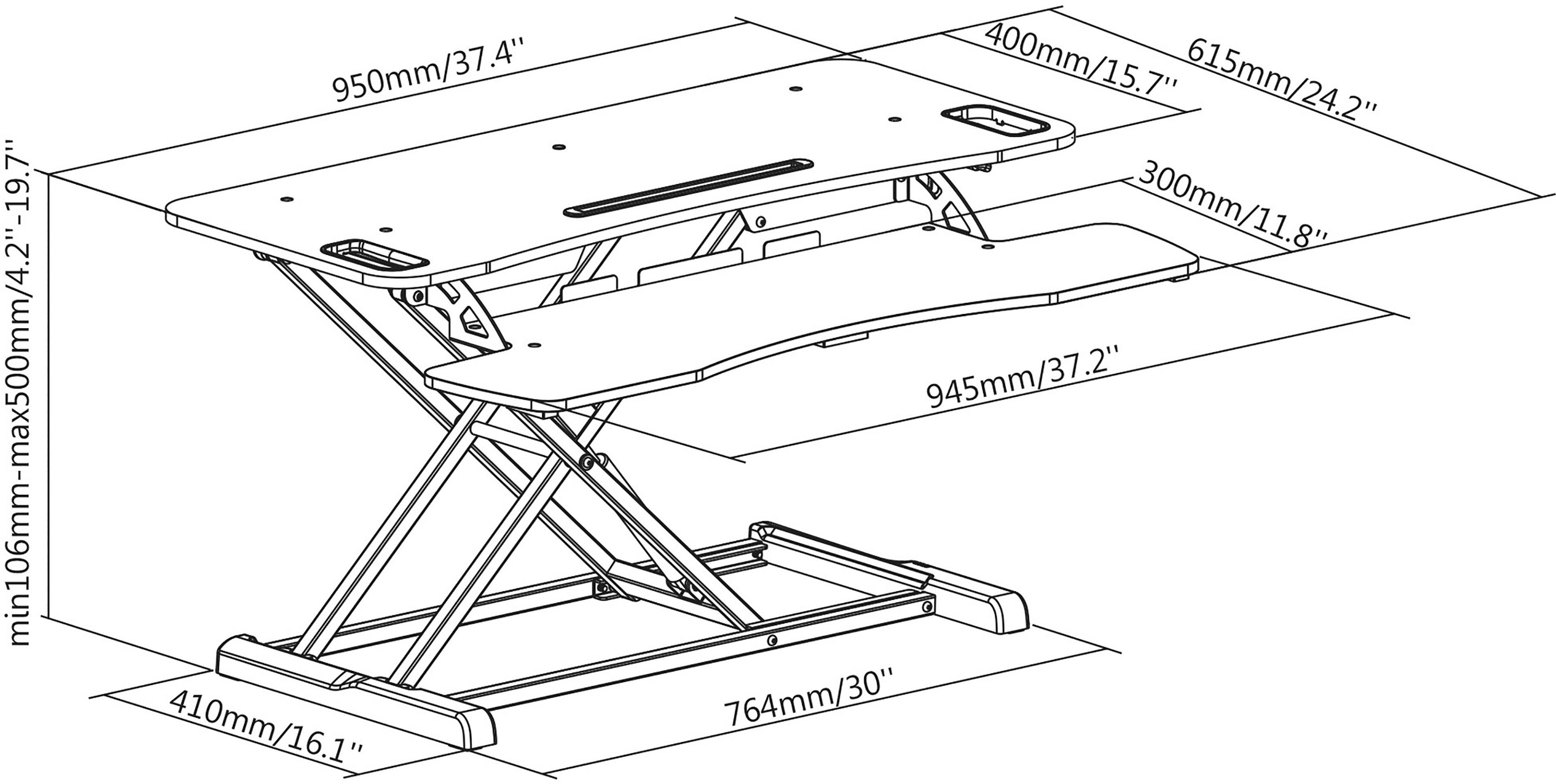 Rysunek podnośnika biurkowego z wymiarami w milimetrach i calach. Główna płyta: 900 mm x 400 mm; podkładka na klawiaturę: 945 mm x 300 mm.