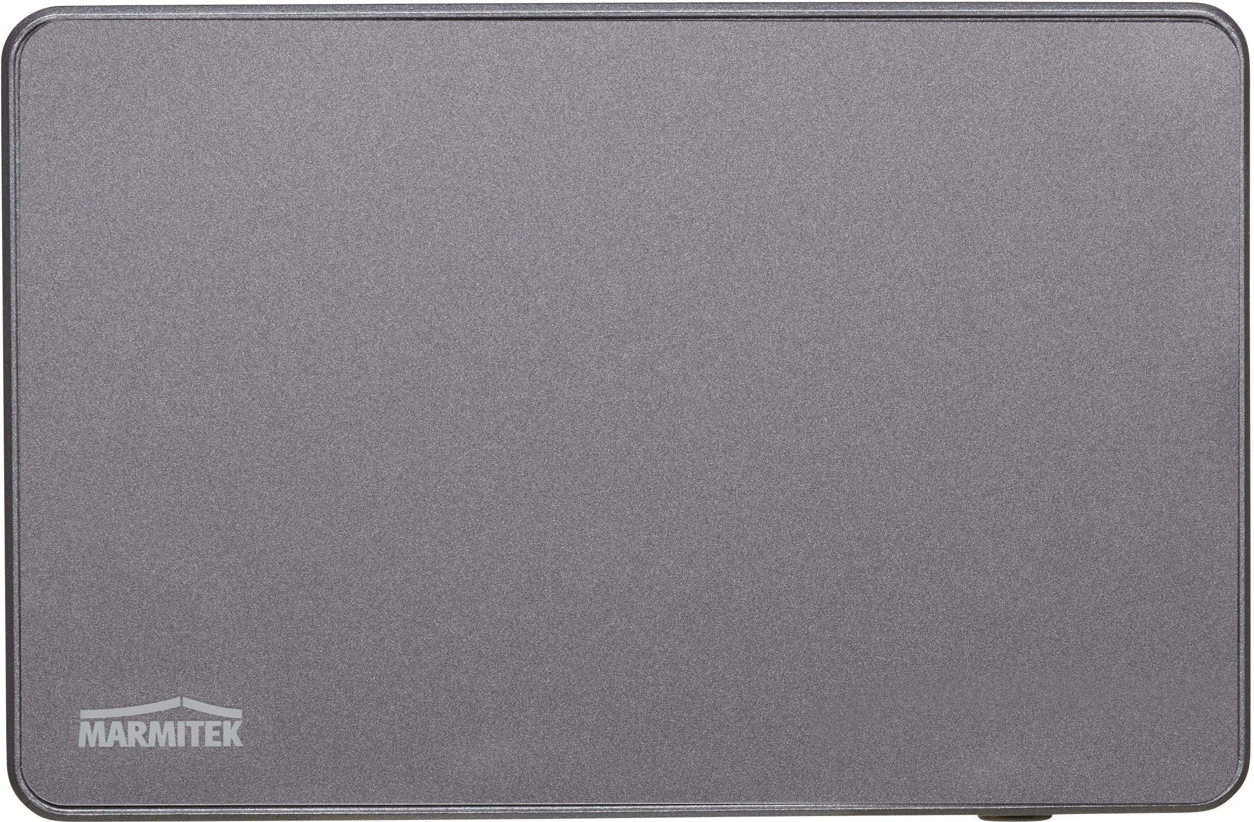 Szara, prostokątna powierzchnia produktu Marmitek z zaokrąglonymi narożnikami, bez widocznych elementów sterujących lub wyświetlaczy.