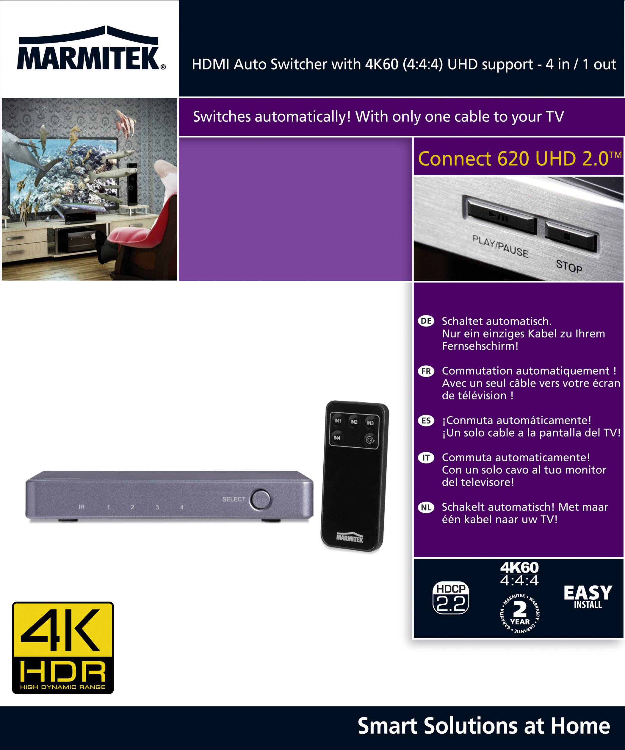 Automatyczny przełącznik HDMI z obsługą 4K60 (4:4:4) UHD, który automatycznie przełącza się za pomocą jednego kabla i łączy wiele urządzeń z telewizorem.