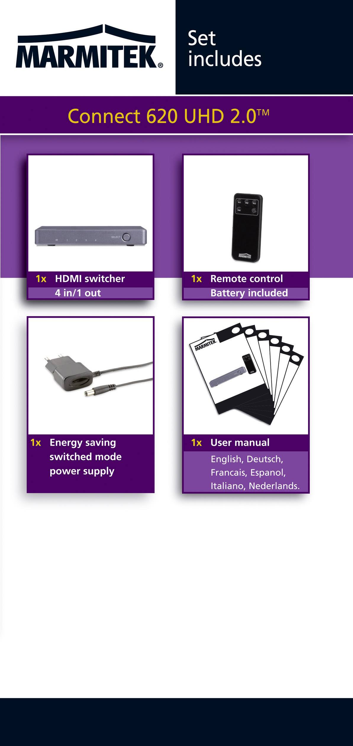 Zawartość zestawu: 1x przełącznik HDMI, 1x pilot ze słuchawkami, 1x energooszczędny zasilacz, 1x podręcznik w wielu językach.