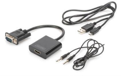 Trzy kable: adapter VGA na HDMI, kabel USB oraz kabel audio 3,5 mm. Do podłączenia różnych urządzeń do ekranów.
