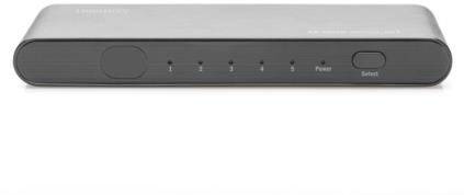 Przełącznik sieciowy z pięcioma portami Ethernet, przyciskiem zasilania i select na przedniej stronie. Kompaktowy, nowoczesny design.