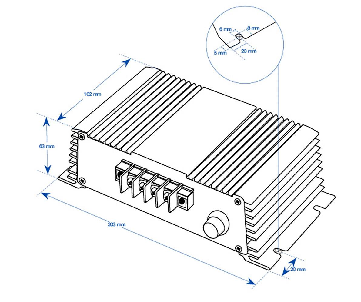 Rysunek techniczny urządzenia elektronicznego o wymiarach: 200 mm x 102 mm x 63 mm. Powiększony fragment przedstawia otwory mocujące o średnicy 6 mm, głębokie na 5 mm.