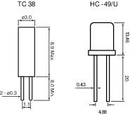 Diagram przedstawia dwa elementy elektroniczne, TC 38 i HC-49/U, z dokładnymi wymiarami w milimetrach.