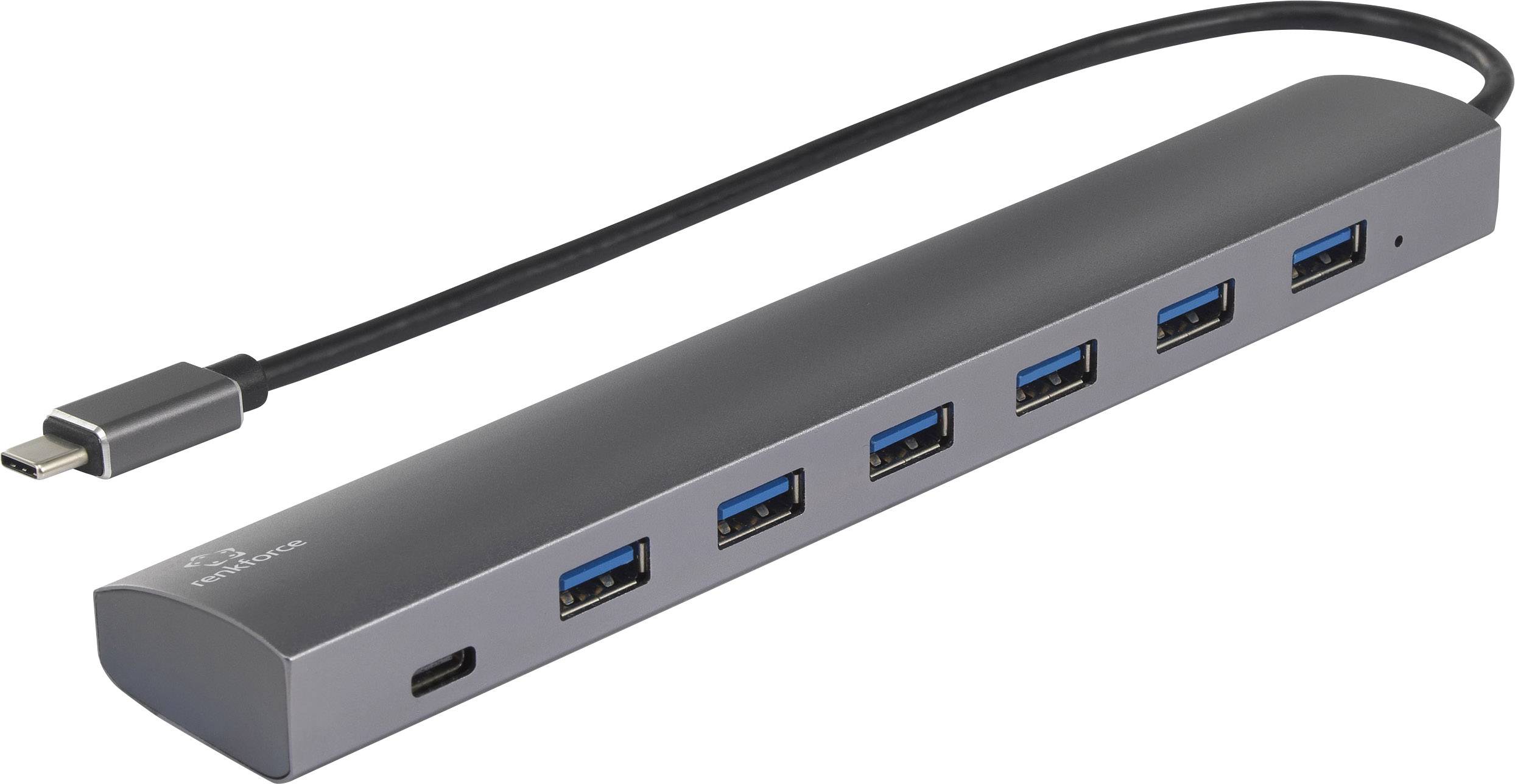 Koncentrator USB z sześcioma portami USB i jednym portem USB-C, idealny do rozszerzenia możliwości podłączenia urządzeń do komputerów lub laptopów.