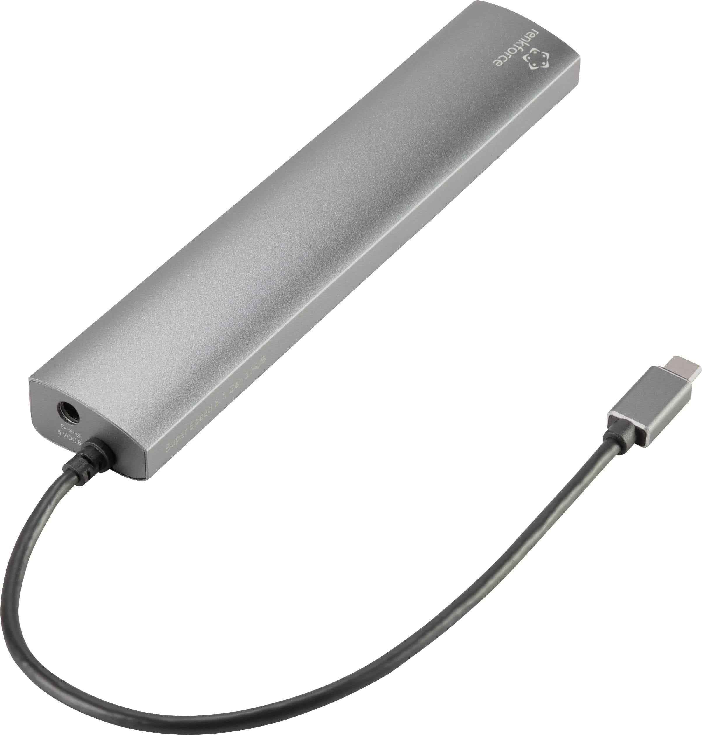 Srebrny powerbank USB-C o długim, prostokątnym kształcie z dołączonym przewodem, przeznaczony do ładowania urządzeń mobilnych podczas podróży.