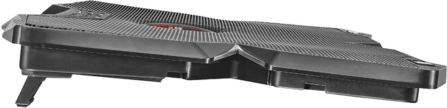 Czarny chłodzący stojak pod laptopa z antypoślizgowymi stopkami i powierzchnią kratową, która zapewnia lepszą wentylację.