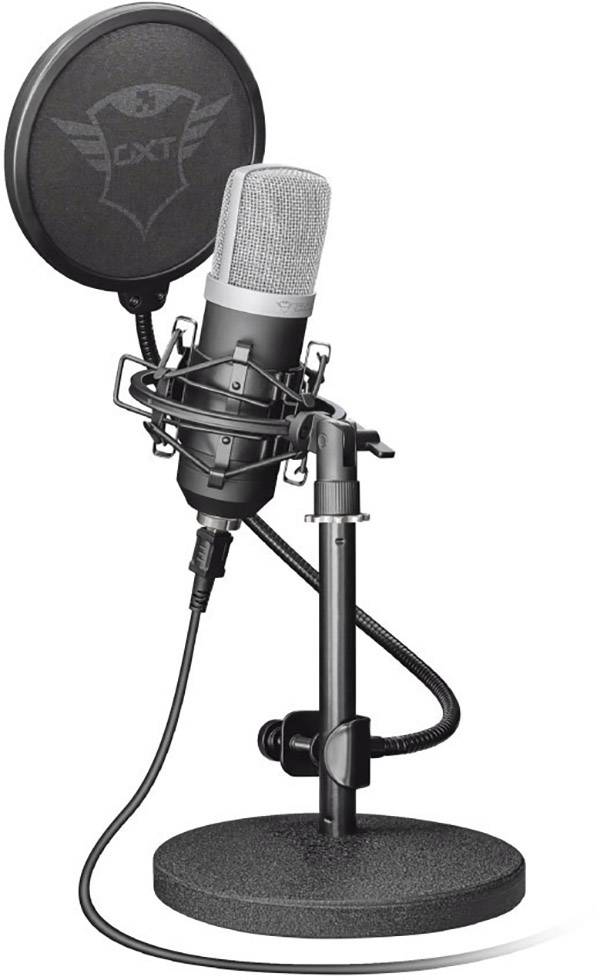 Mikrofon z filtrem przeciwwybuchowym na regulowanym statywie, idealnym do nagrań audio lub podcastów.