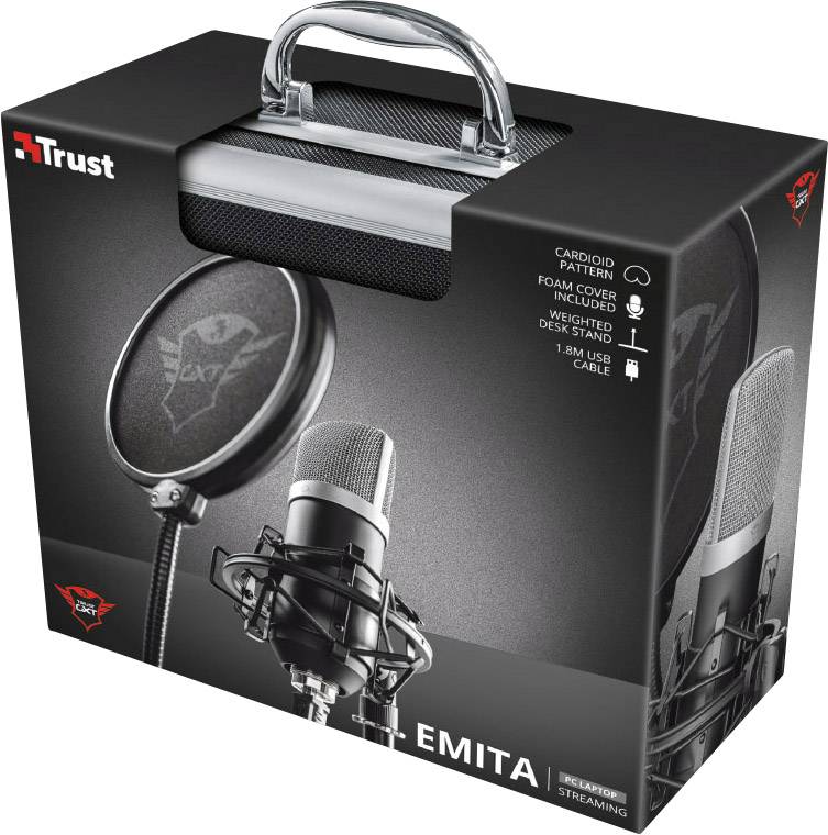 Opakowanie mikrofonu Trust Emita z filtrem przeciwwybuchowym, statywem mikrofonowym i przewodem USB do streamingu.