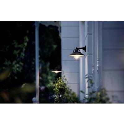 Lampa zewnętrzna na białej ścianie domu, oświetlająca ścieżkę w nocy otoczoną roślinami; tworzy przytulną atmosferę.