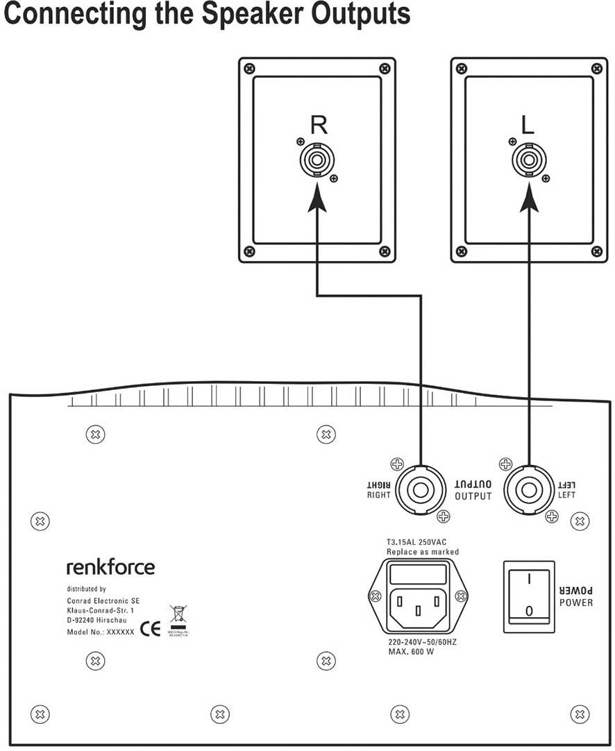 Diagram przedstawia połączenie wyjść głośnikowych z prawą i lewą kolumną poprzez okablowanie. Tekst: Podłączanie wyjść głośnikowych.