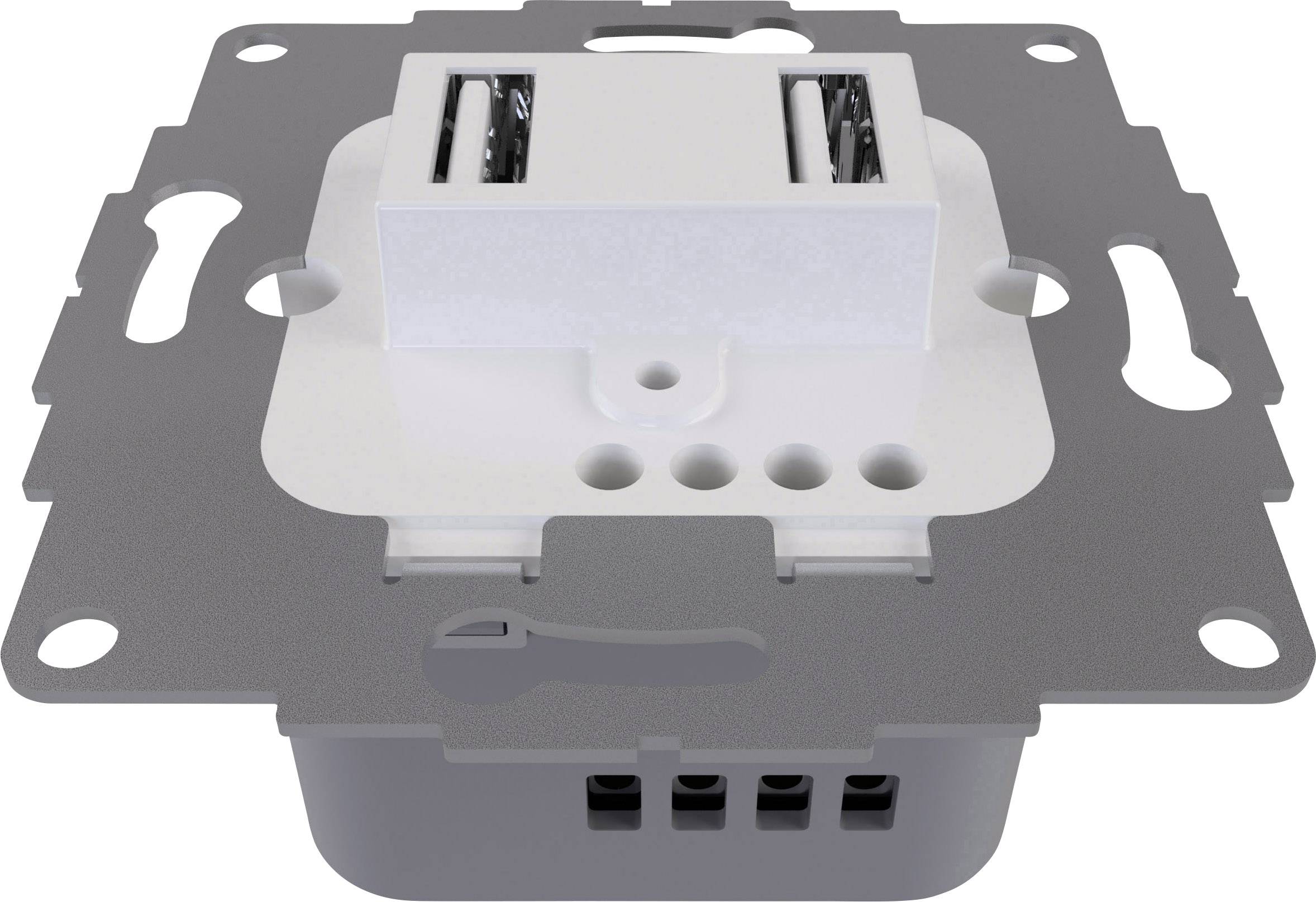 Podtynkowe gniazdo elektryczne z dwoma portami USB, w szarym obudowie, przystosowane do montażu ściennego. Idealne do ładowania urządzeń takich jak smartfony.