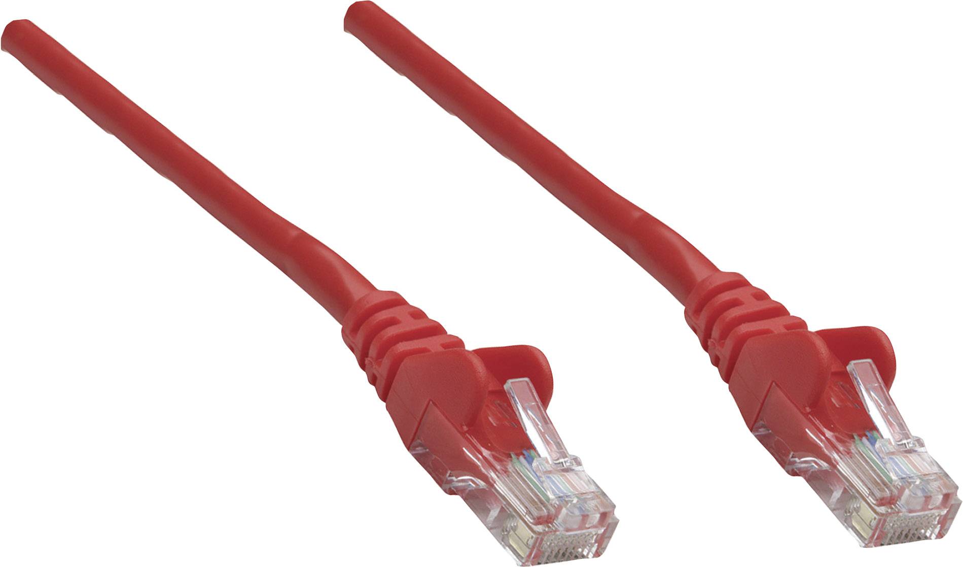 Dwa czerwone kable Ethernet z wtyczkami RJ45 na białym tle.
