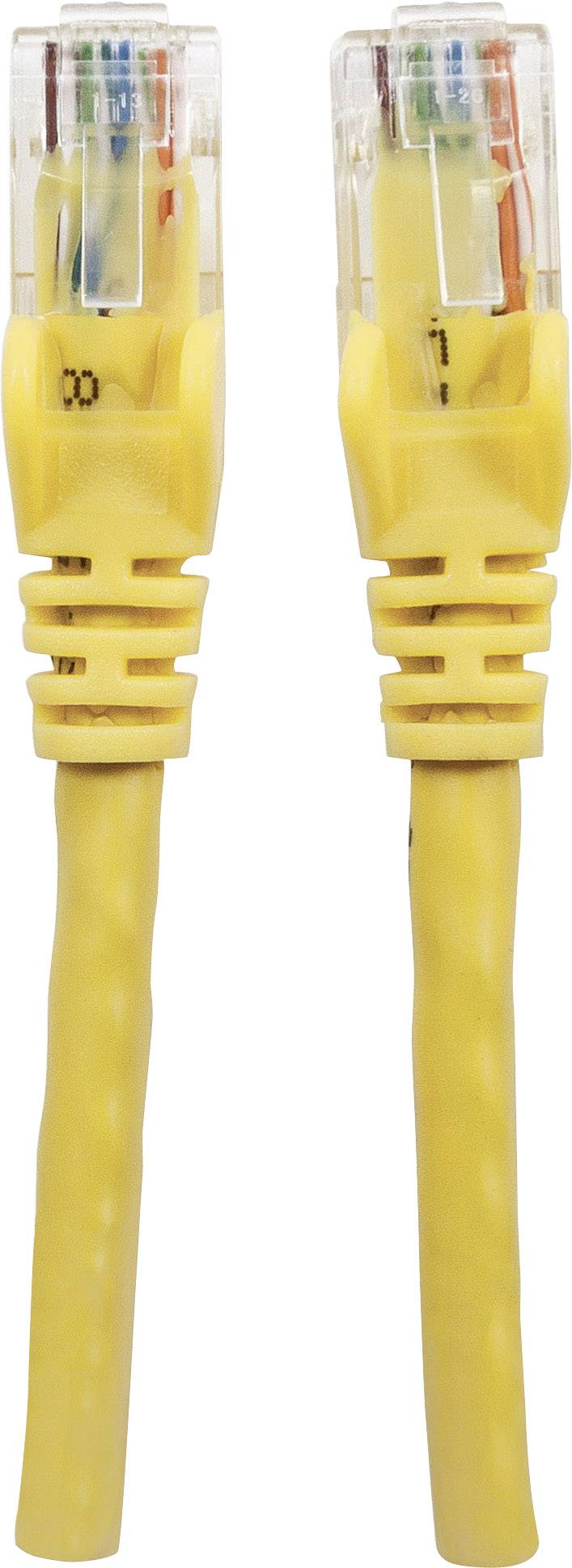 Żółty kabel Ethernet z dwoma wtyczkami RJ45, odpowiedni do połączeń sieciowych.