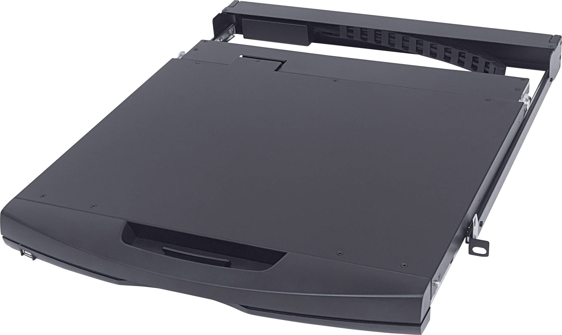 Czarny, składany laptop widziany pod skosnym kątem z góry.