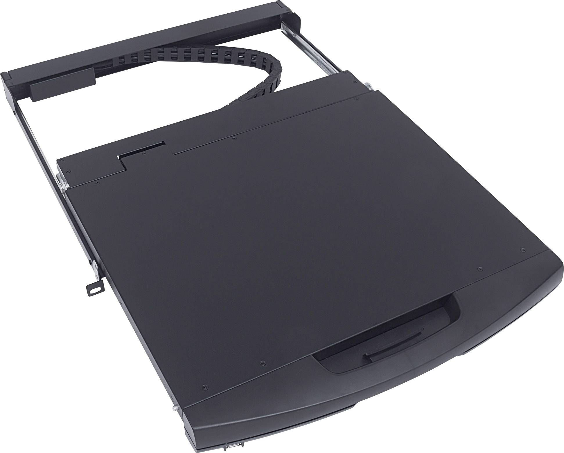 Czarny, prostokątny panel metalowy z uchwytem, przeznaczony do instalacji w szafie serwerowej lub sieciowej.