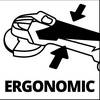Ergonomiczne narzędzie, które podkreśla wygodne użytkowanie za pomocą strzałek. Tekst: 'Ergonomiczne'.