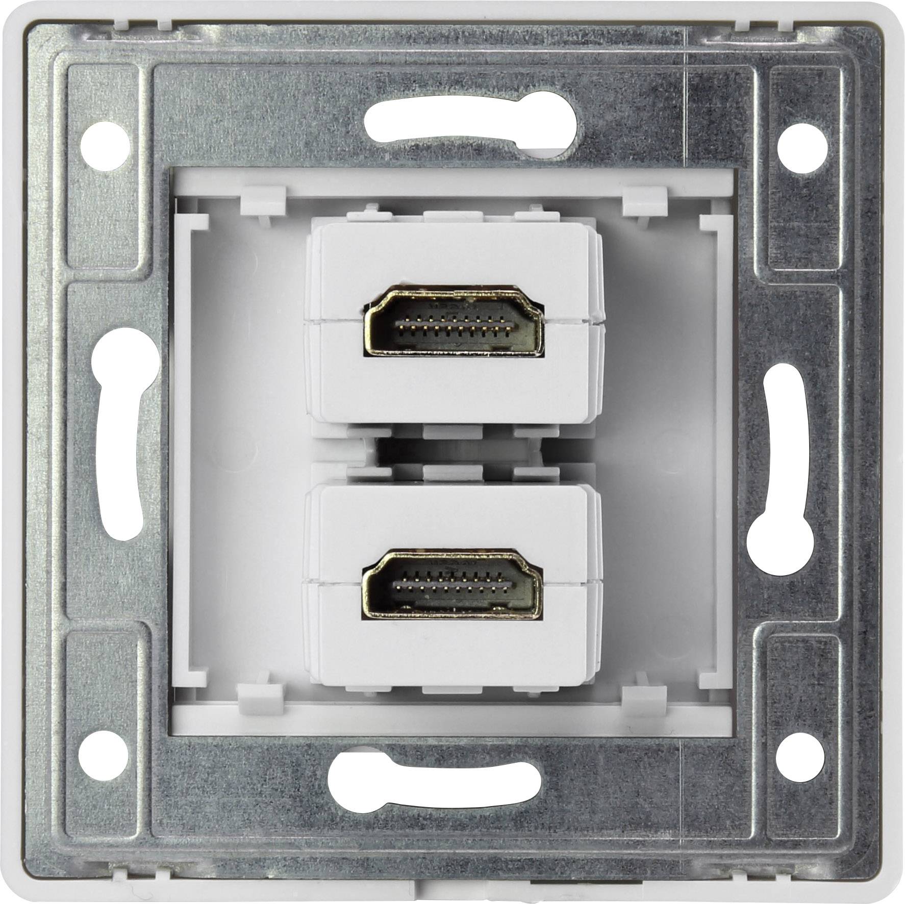Podwójne złącze HDMI naścienne w srebrnej metalowej obudowie, z dwoma portami HDMIułożonymi jeden nad drugim.