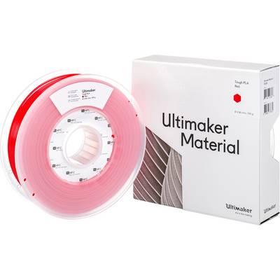 Opakowanie czerwonego filamentu PLA marki Ultimaker obok szpuli. Etykieta wskazuje 'Tough PLA Red', średnica 2,85 mm, 750 g.